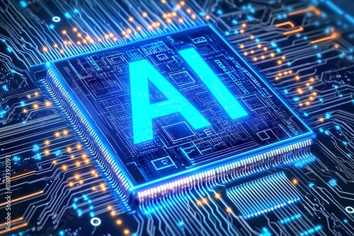 Electronic circuit board with processor. Artificial intelligence (AI) and machine learning concept. 