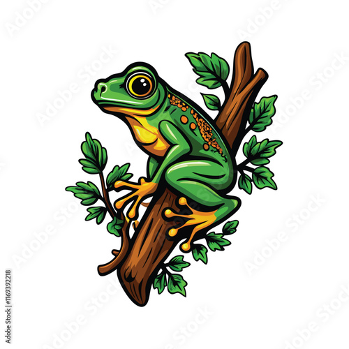 Create a detailed vector illustration of a green frog climbing up a tree branch with leaves. photo