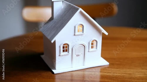 Cozy White House Model on Wooden Table, Home Sweet Home photo