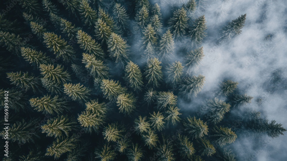 Aerial View of Foggy Coniferous Forest