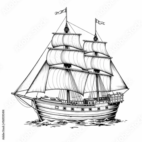 Wallpaper Mural Vintage Sailboat: A Detailed Line Drawing  Torontodigital.ca