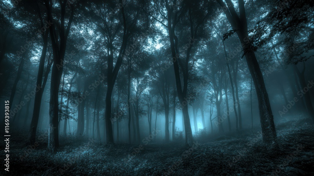 Naklejka premium Eerie Foggy Forest Path Enveloped in Mystery