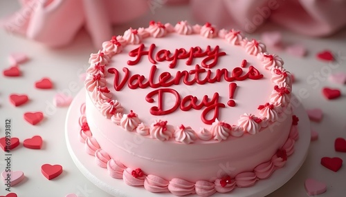 Exquisite Valentine��s Day cake designed with pink frosting and red and white sugar hearts. photo