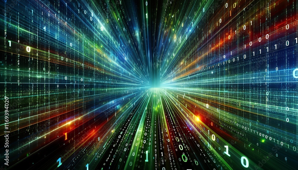 Obraz premium Flowing stream of green and yellow binary code on a dark background, symbolising data transfer and technology.