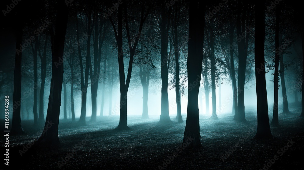 Obraz premium Enigmatic Foggy Forest Night Scene With Tall Trees