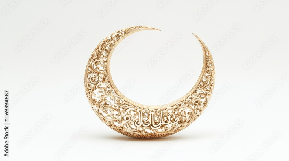 A golden crescent moon with intricate floral patterns. Perfect for Islamic celebrations or elegant home decor. A golden crescent moon with intricate floral patterns. Perfect for Islamic celebrations or elegant home decor.