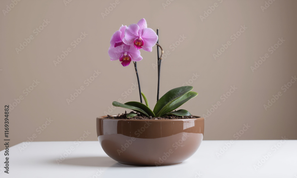 A mocha mousse-colored ceramic garden pot, filled with a vibrant purple orchid. The glossy texture A mocha mousse-colored ceramic garden pot, filled with a vibrant purple orchid. The glossy texture