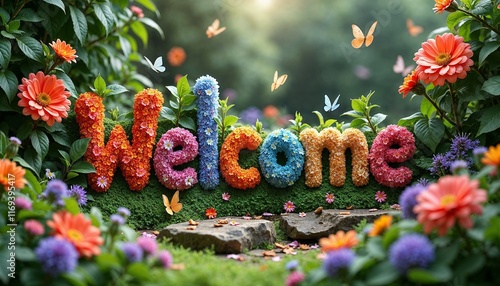 Floral welcome sign surrounded by colorful flowers and butterflies in garden