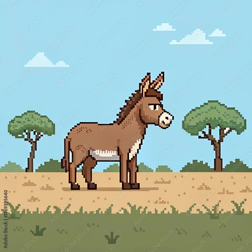 Fototapeta premium Pixel art of a donkey standing on grass against a clear blue sky with clouds.