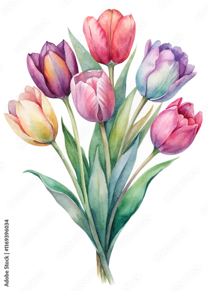 Fototapeta premium Colorful tulip bouquet, vibrant watercolor style, floral arrangement, spring decoration, nature illustration.