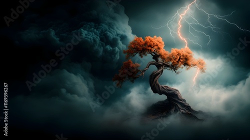 Dramatic lightning flash revealing the silhouette of a twisted ancient tree against a swirling ominous stormy backdrop photo