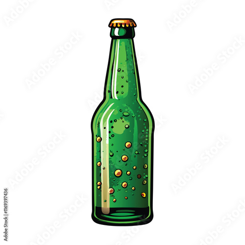 A green glass beer bottle with water droplets on it.