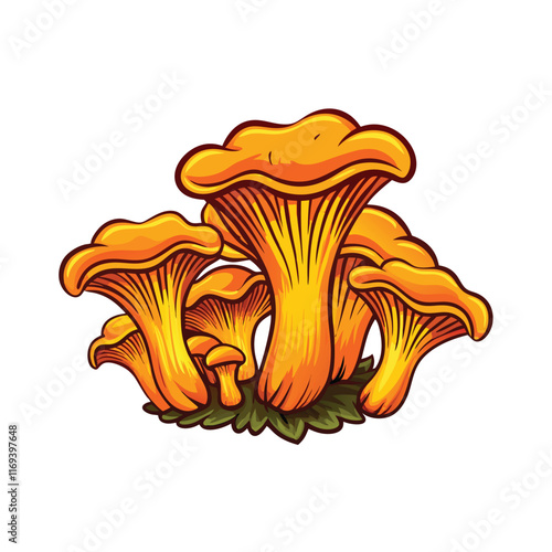 Illustration of a group of chanterelle mushrooms with bright yellow caps.