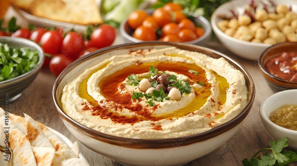 A Joyful Family Gathering Celebrating Togetherness with a Colorful Table of Delicious Dips and Hummus A Joyful Family Gathering Celebrating Togetherness with a Colorful Table of Delicious Dips and Hummus
