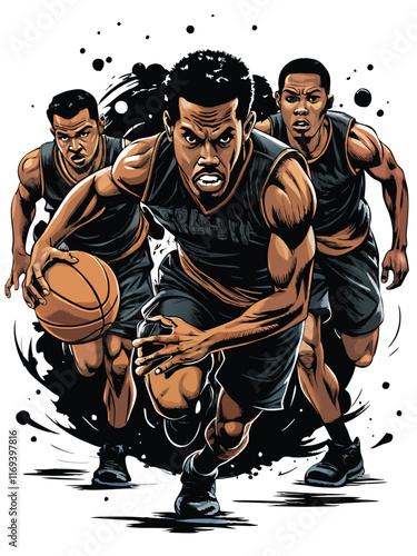 A group of three basketball players in action, with one player dribbling the ball while the other two run alongside him.