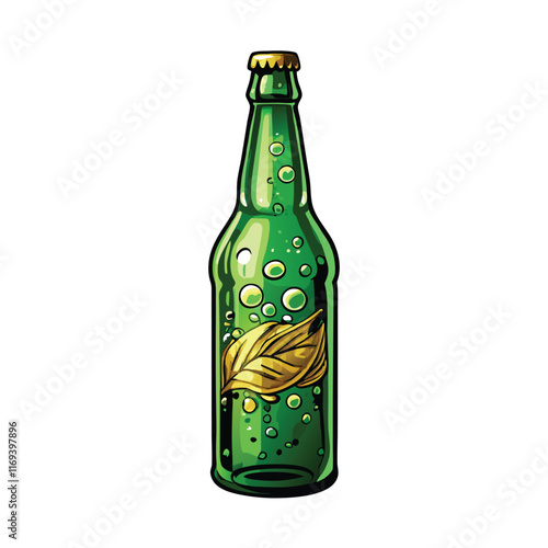 A cartoon illustration of a green glass beer bottle with water droplets and a gold leaf.