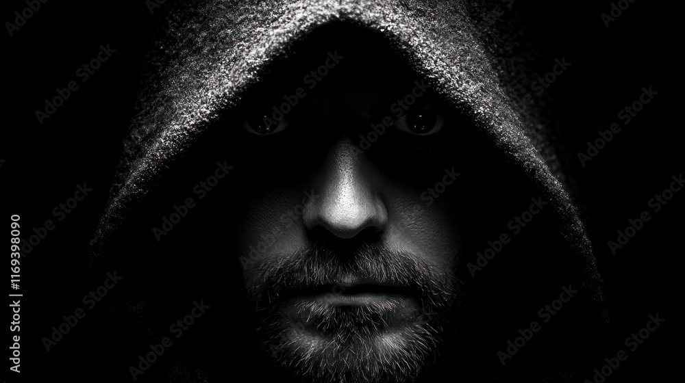 Obraz premium Hooded man's intense face in shadows.