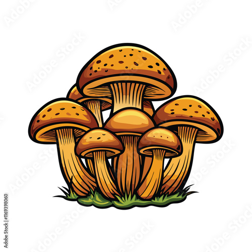 Illustration of a group of realistic boletus mushrooms with spongy caps, growing in a patch of green grass.