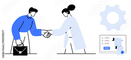 Man and woman shaking hands symbolizing agreement, with a cogwheel representing industry and digital document showing payment. Ideal for business deals, partnerships, collaboration, agreements, job