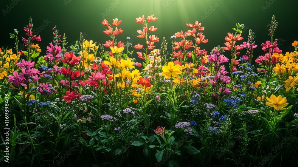 Obraz premium Vibrant Garden of Wildflowers Bathed in Warm Sunshine with a Background of Lush Greenery, Displaying a Kaleidoscope of Colorful Blooms in Full Bloom