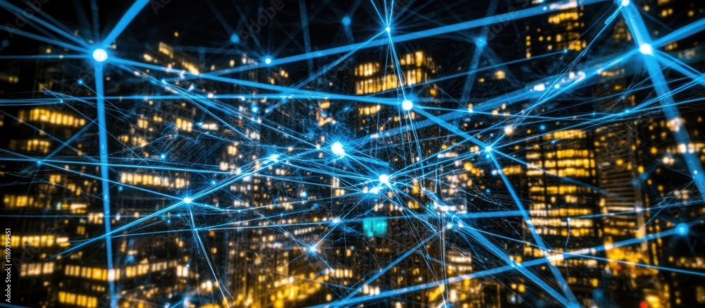 Network connection over illuminated cityscape at night. Network connection over illuminated cityscape at night.
