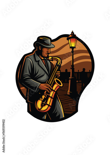 A street musician plays saxophone in front of a streetlight in a city at dusk.