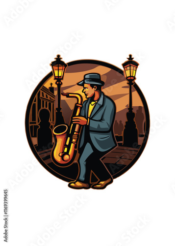 A man in a hat plays a saxophone on a city street at night.
