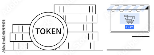 Stack of tokens next to an online storefront symbol with a shopping cart and BUY button. Ideal for digital currency, e-commerce, online payment, blockchain use, virtual money, fintech