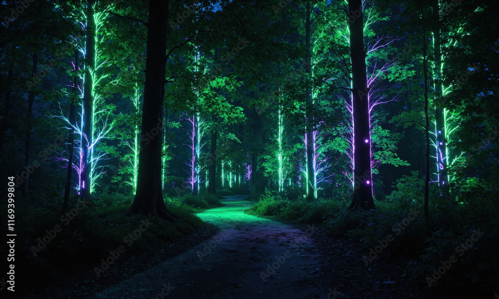 Obraz premium A surreal scene of a forest where the trees have glowing leaves in neon colors A mystical forest scene where