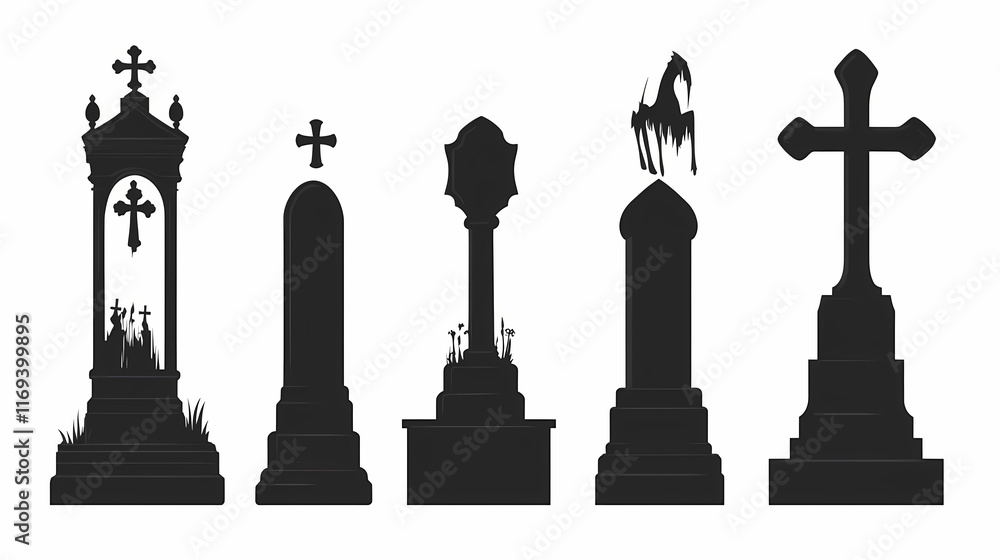 Symbols of gravestones and tombstones, silhouettes depicting headstones and tombs in cemeteries or graveyards on white. Cenotaph. Illustration Symbols of gravestones and tombstones, silhouettes depicting headstones and tombs in cemeteries or graveyards on white. Cenotaph. Illustration