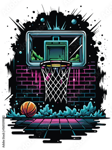 A neon lit basketball court with graffiti and a basketball at the bottom of the image.