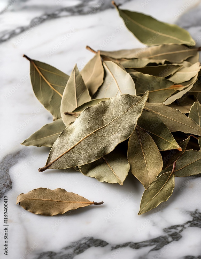 Dried bay leaves scattered on a marble surface. Dried bay leaves scattered on a marble surface.