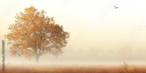 Golden Autumn Tree in Foggy...