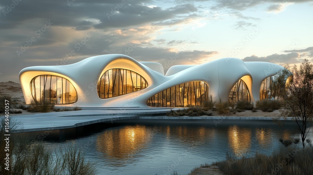 Naklejka premium Modern, flowing structure near water at sunset.