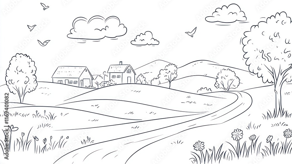 Obraz premium A Simple Countryside Scene With Houses and Birds