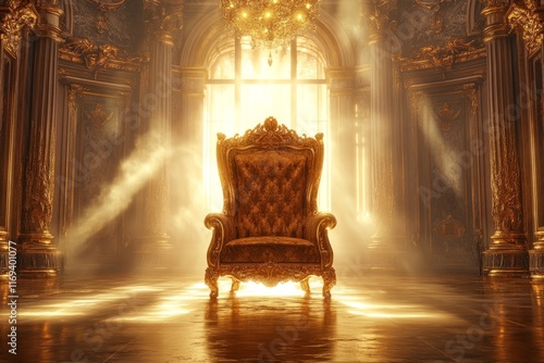 A Stunningly Regal Golden Throne Set Against a Majestic Baroque Architecture with Divine Lighting photo