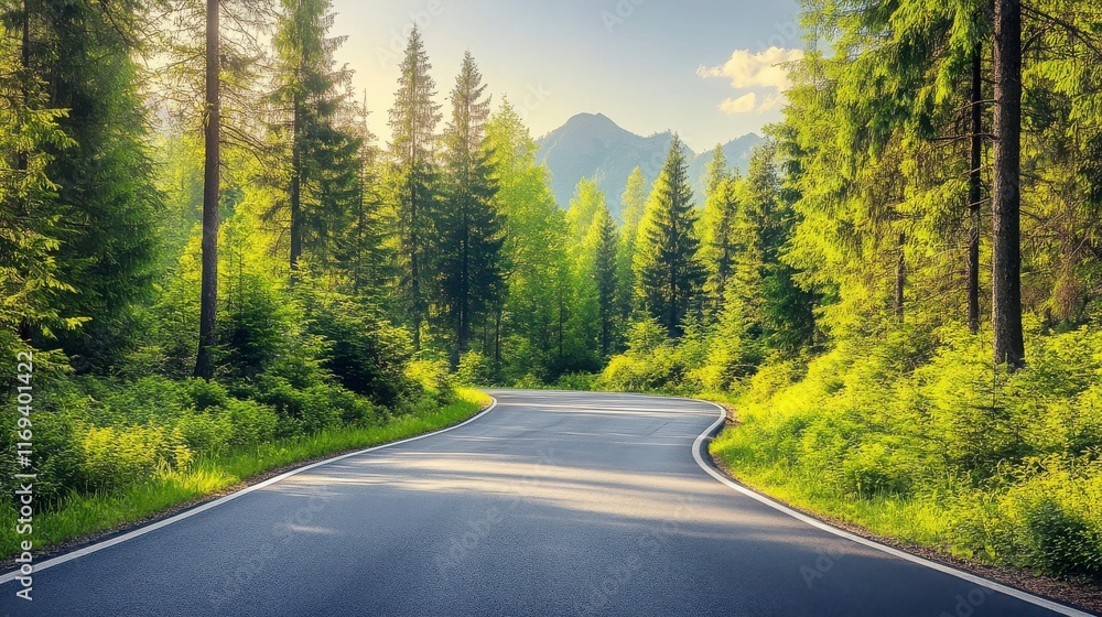 Fototapeta premium Scenic Mountain Road Surrounded by Lush Green Forest and Majestic Pines, Perfect for Outdoor Adventures and Nature Exploration in a Serene Environment