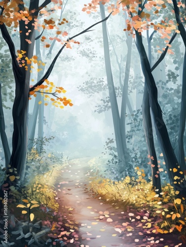 Autumn Path Through Misty F...