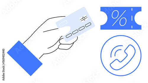 Hand holding a credit card near discount coupon and phone call icon. Ideal for e-commerce, customer service, online transactions, discount offers, financial services, marketing, and digital