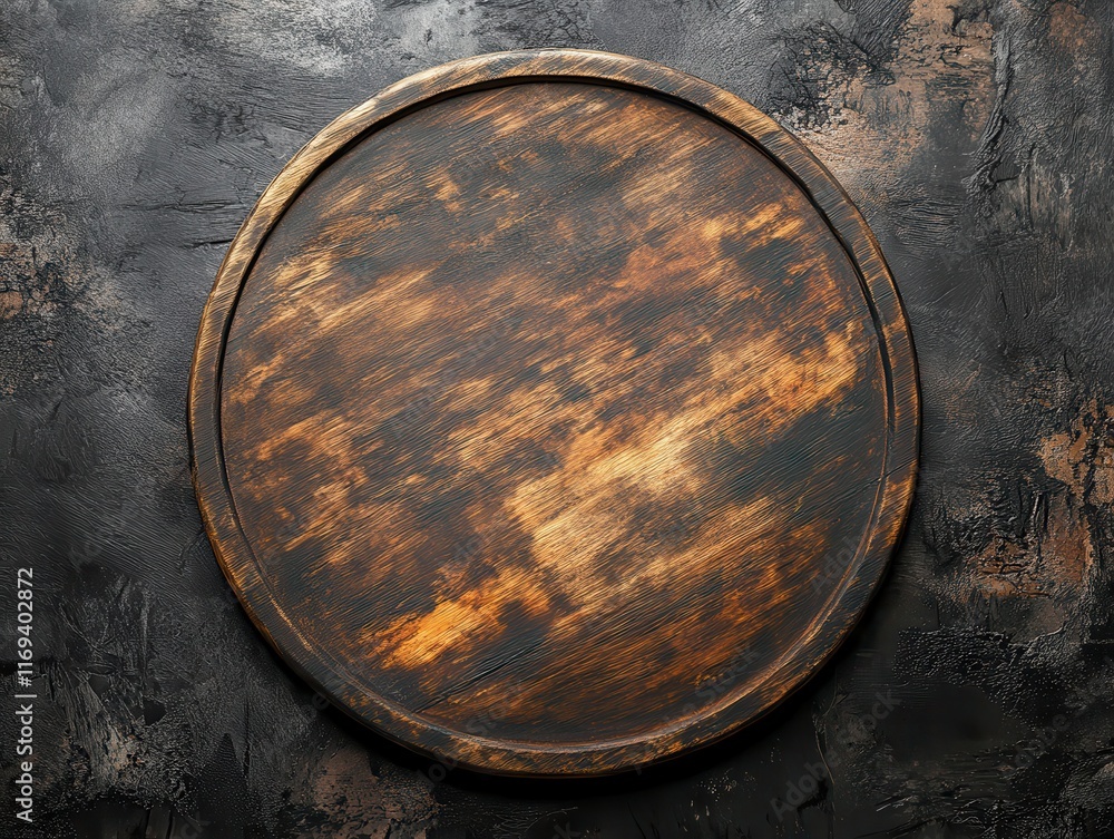 Fototapeta premium Rustic Round Wooden Tray on Dark Textured Background Perfect for Food Presentation, Baking, Serving, or Culinary Art Displays in Professional or Home Kitchens