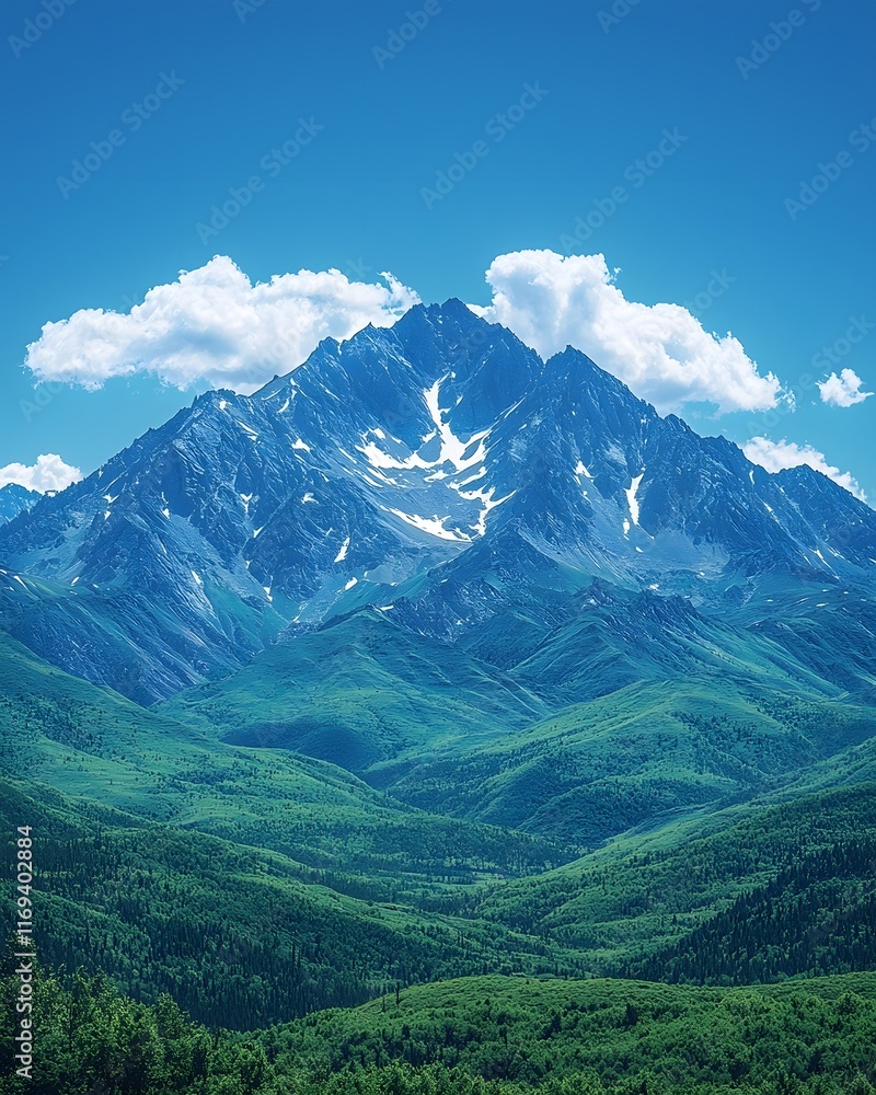Majestic Mountain Range Under Vibrant Blue Sky with Gentle Clouds Majestic Mountain Range Under Vibrant Blue Sky with Gentle Clouds