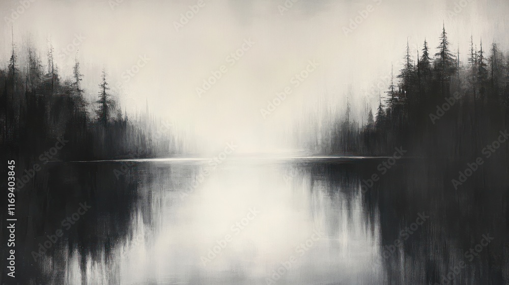 Fototapeta premium Monochromatic forest lake mirroring tranquil scene