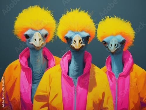 Three colorful emus wearing bright jackets and fluffy yellow wigs striking a playful pose against a vibrant background, showcasing a fun and whimsical atmosphere