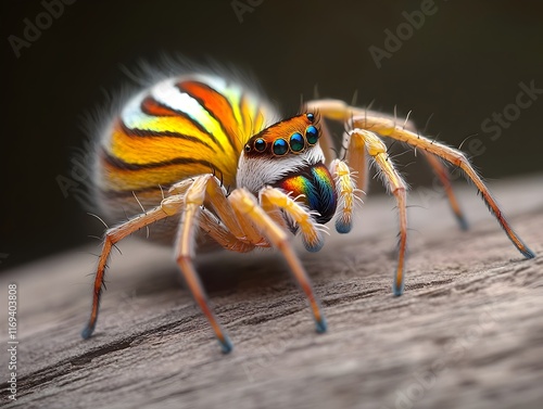 Mesmerizing close up of a peacock spider s iridescent abdomen unfurling in a hypnotic courtship display photo