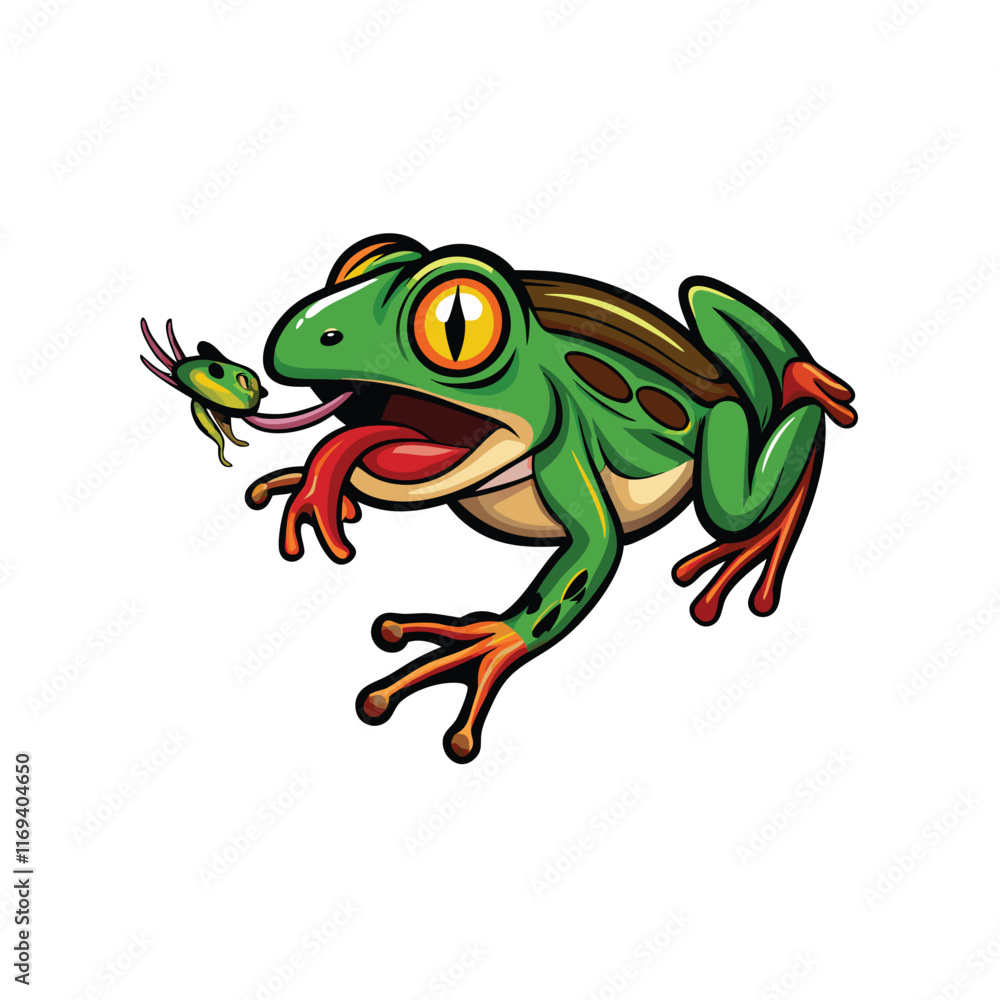 Fototapeta premium Create a realistic vector illustration of a green frog with its tongue extended, catching a small insect.