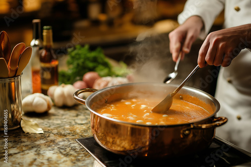 Chef Stirring Velvety Bisque Sauce in Copper Pan photo