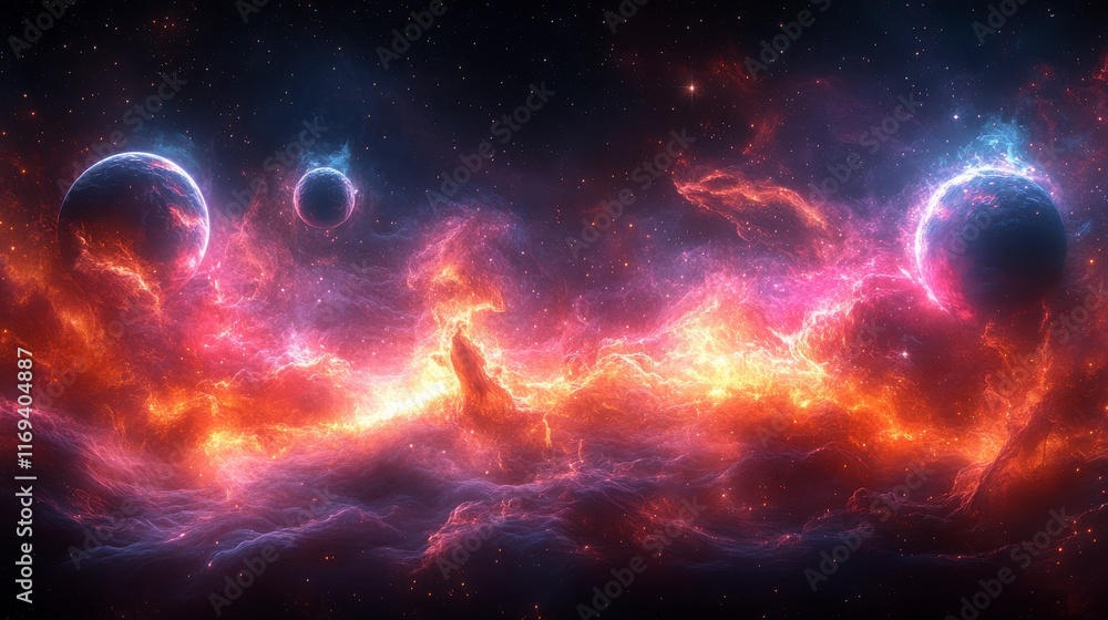 Obraz premium Stunning Cosmic Nebula with Vibrant Colors and Celestial Bodies, Radiating Energy and Mystery in a Vast Expanse of Space and Stars