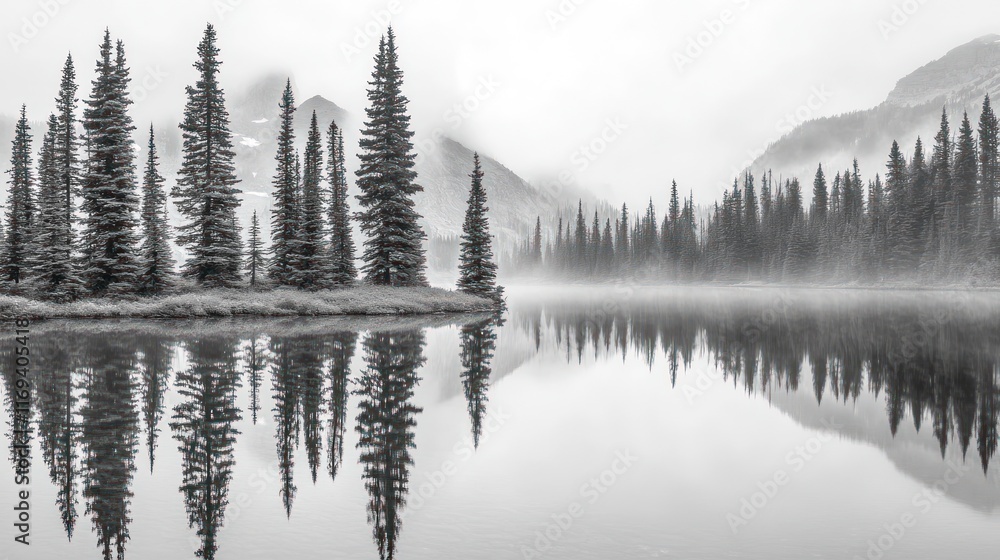 Fototapeta premium Misty Mountain Lake Reflecting Evergreen Trees