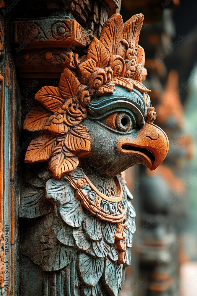 Intricate stone carving of a mythical bird at a temple in Southeast Asia showcasing vibrant colors and detailed craftsmanship Intricate stone carving of a mythical bird at a temple in Southeast Asia showcasing vibrant colors and detailed craftsmanship