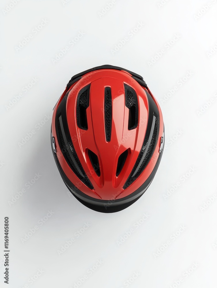 Top View of a Bright Red Bicycle Helmet Displayed on a Light Background for Safety Gear and Cycling Equipment Top View of a Bright Red Bicycle Helmet Displayed on a Light Background for Safety Gear and Cycling Equipment